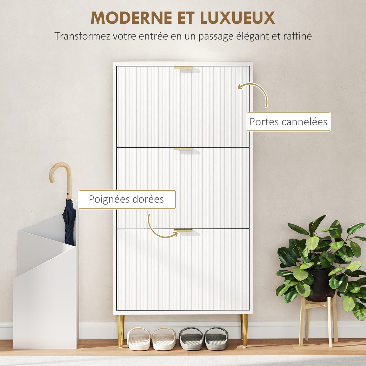 Meuble à chaussures 18 paires avec 3 tiroirs rabattables, portes cannelées et étagères réglables, 60x24x122,5cm, blanc-3