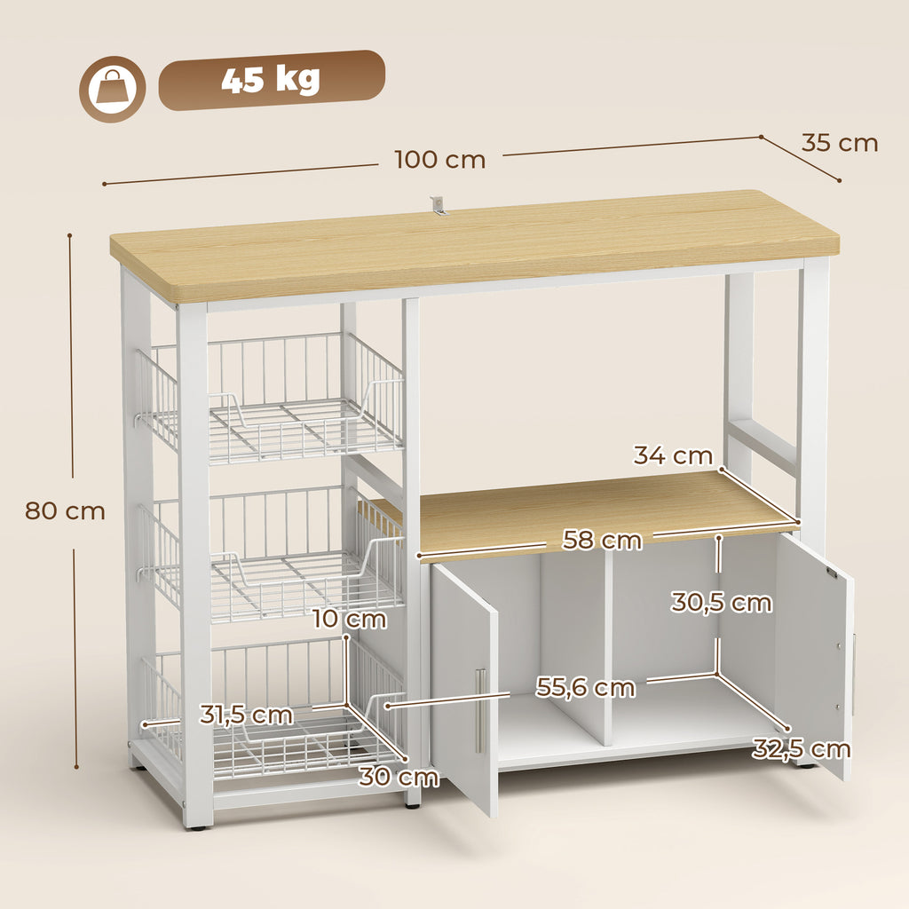 Étagère de rangement de cuisine avec paniers coulissants et placard, support micro-ondes, 100 x 35 x 80 cm, blanc-2