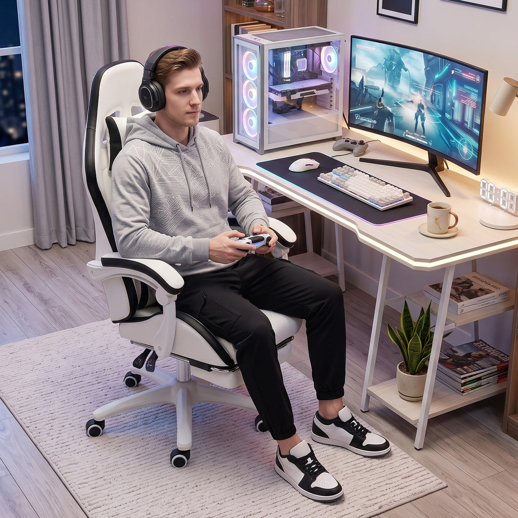 Siège gaming fauteuil gaming dossier inclinable 135° avec appui-tête repose-pieds 65l x 65P x 121-129H cm blanc et noir-8