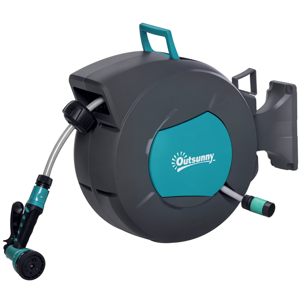 Enrouleur tuyau arrosage automatique pivotant 180° Tuyau 15 + 1,4 m avec Lance arrosage Support Mural intégré Turquoise Gris-0