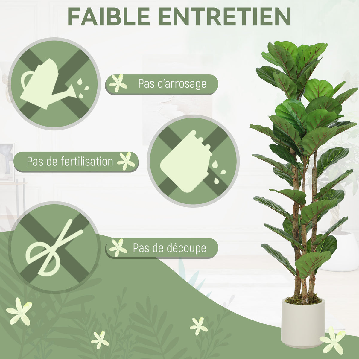 Plante artificielle intérieure 120 cm Figuier lyre arbre artificiel avec pot en plastique et tronc en bois massif, vert-4