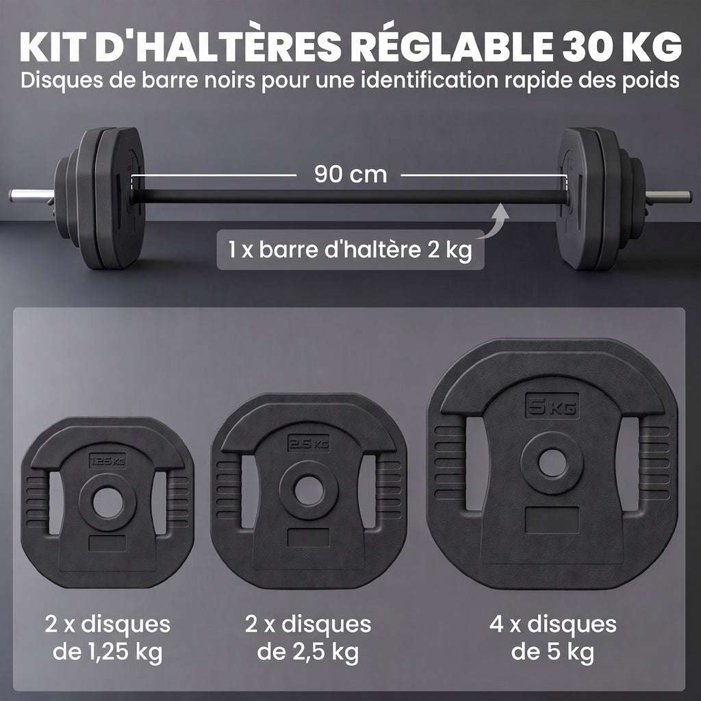 Ensemble d'Haltère 30 kg, Disques Carrés Réglables à Poignées, Barre Antidérapante en Acier 3 Parties, Noir-3