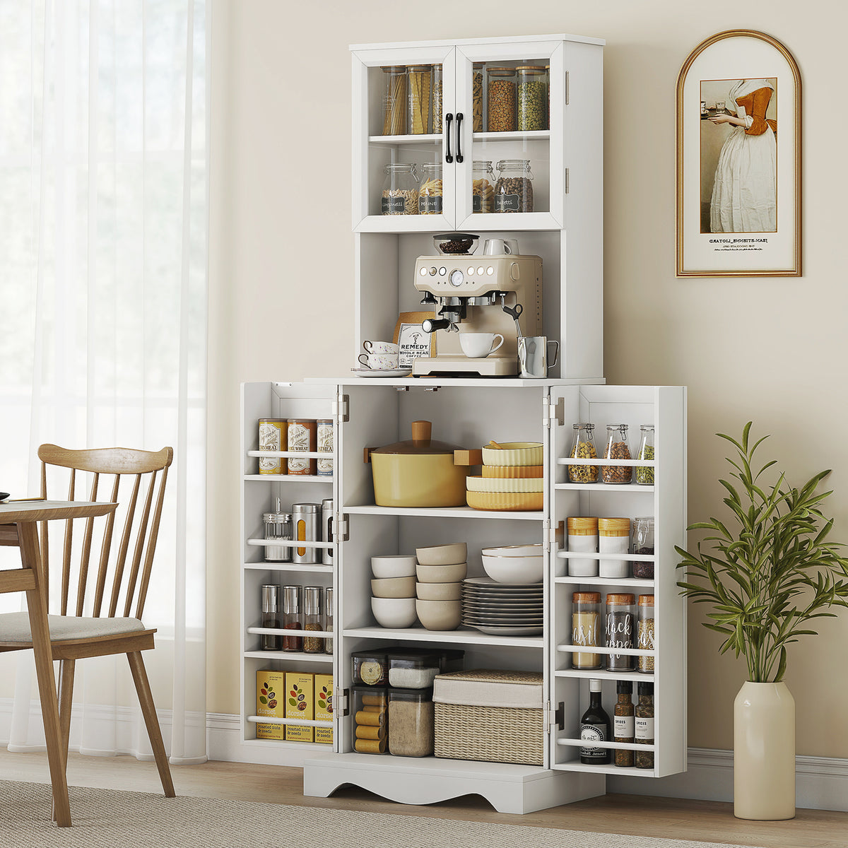 Buffet haut cuisine armoire de cuisine 4 portes 8 porte-épices plan de travail étagère réglable 60x39,5x179,6cm blanc-1