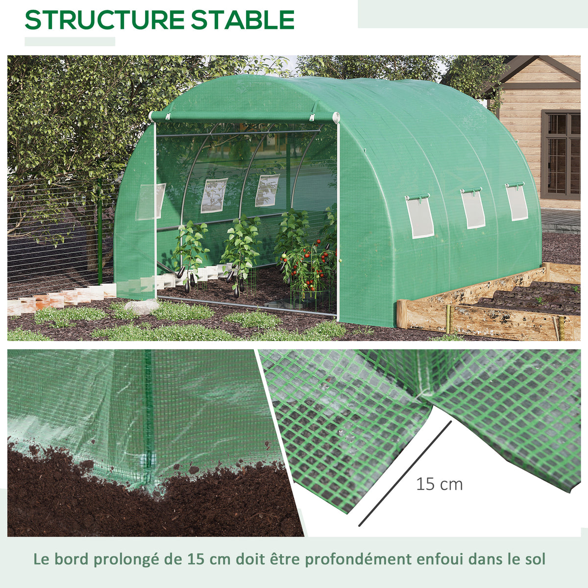 Serre de jardin 9 m² serre tunnel de jardin 3 x 3 x 2 m avec porte enroulable et 6 fenêtres en maille en acier PE vert-4