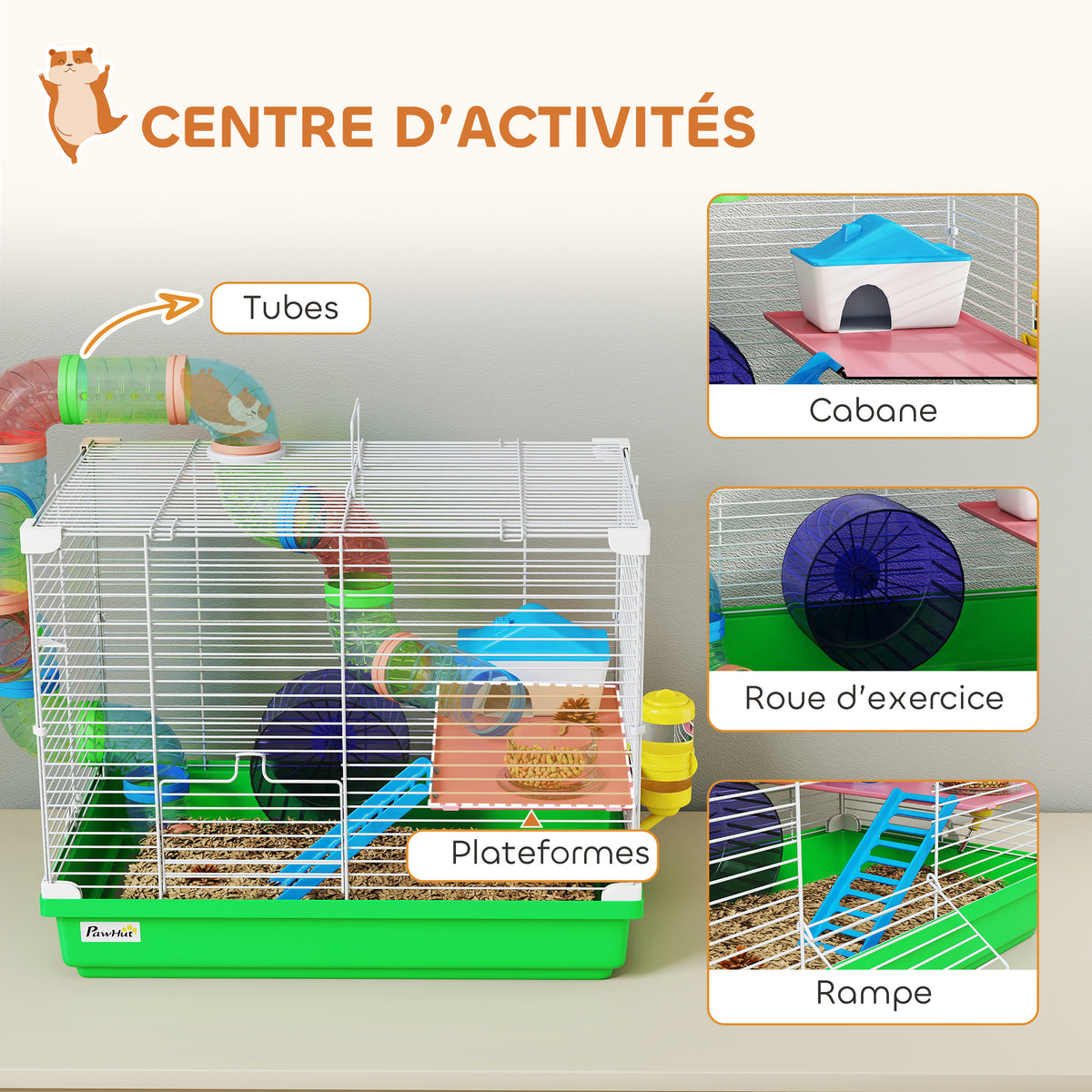 Cage à hamster rongeur 2 niveaux avec tunnel, biberon eau, roue, maisonnette, échelles 46 x 30 x 37 cm vert-3