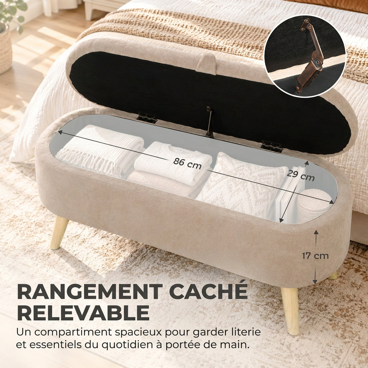 Banc Coffre de Rangement en Sherpa Moderne pour Bout de Lit avec Pieds en Bois 95cm Beige-3
