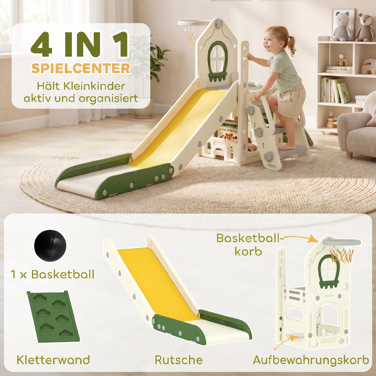 Toboggan pour Enfant Pliable 5-en-1 avec Escalade, Panier de Basket, Espace de Rangement et Ballon, Crème-3