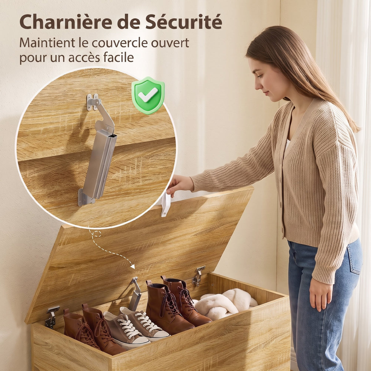 Coffre de Rangement, Banc de Rangement avec Couvercle Rabattable et Charnières de Sécurité, 80 x 40 x 45 cm, Naturel-4