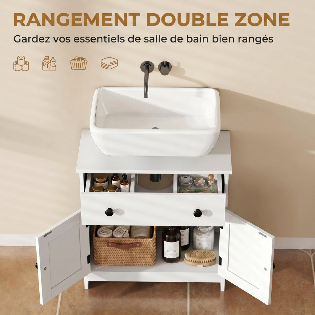 Meuble sous lavabo de salle de bain, meuble moderne sur pied avec charnières à fermeture douce, tiroir, 2 portes, blanc-5