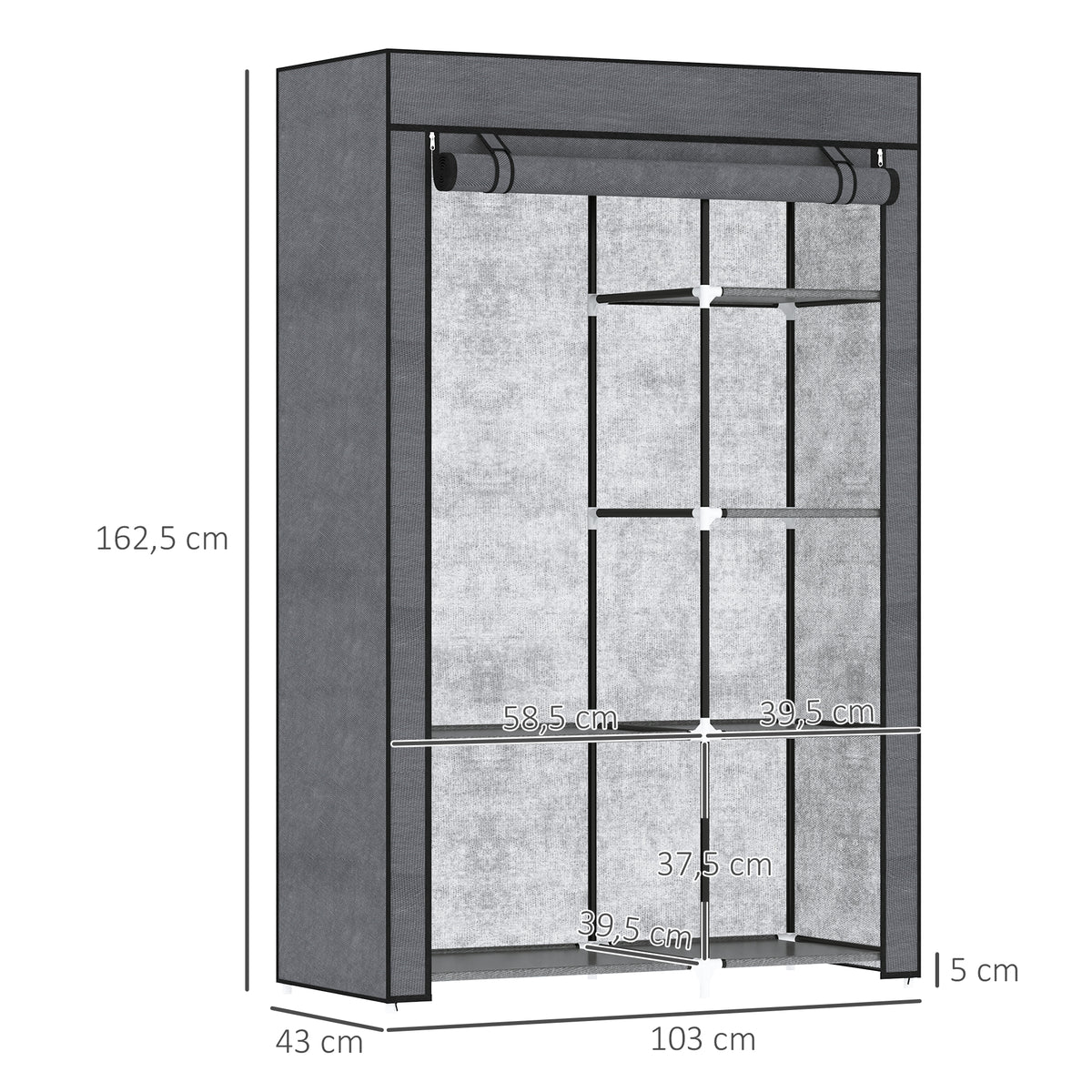 Armoire penderie multi-rangement - 6 étagères, 1 barre - non tissé gris-2