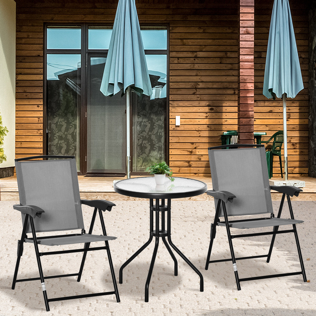 Ensemble de jardin 3 pièces 2 chaises inclinables multi-positions pliables table ronde verre trempé métal textilène gris-1
