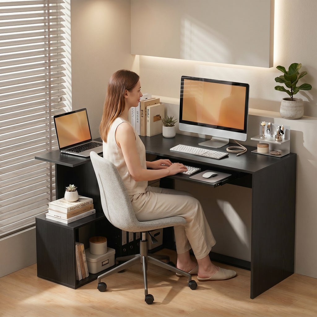 Bureau d'Angle, 120 x 100 x 76 cm, Bureau Informatique en L avec Plateau de Clavier, 4 Compartiments Ouverts, Noir-7