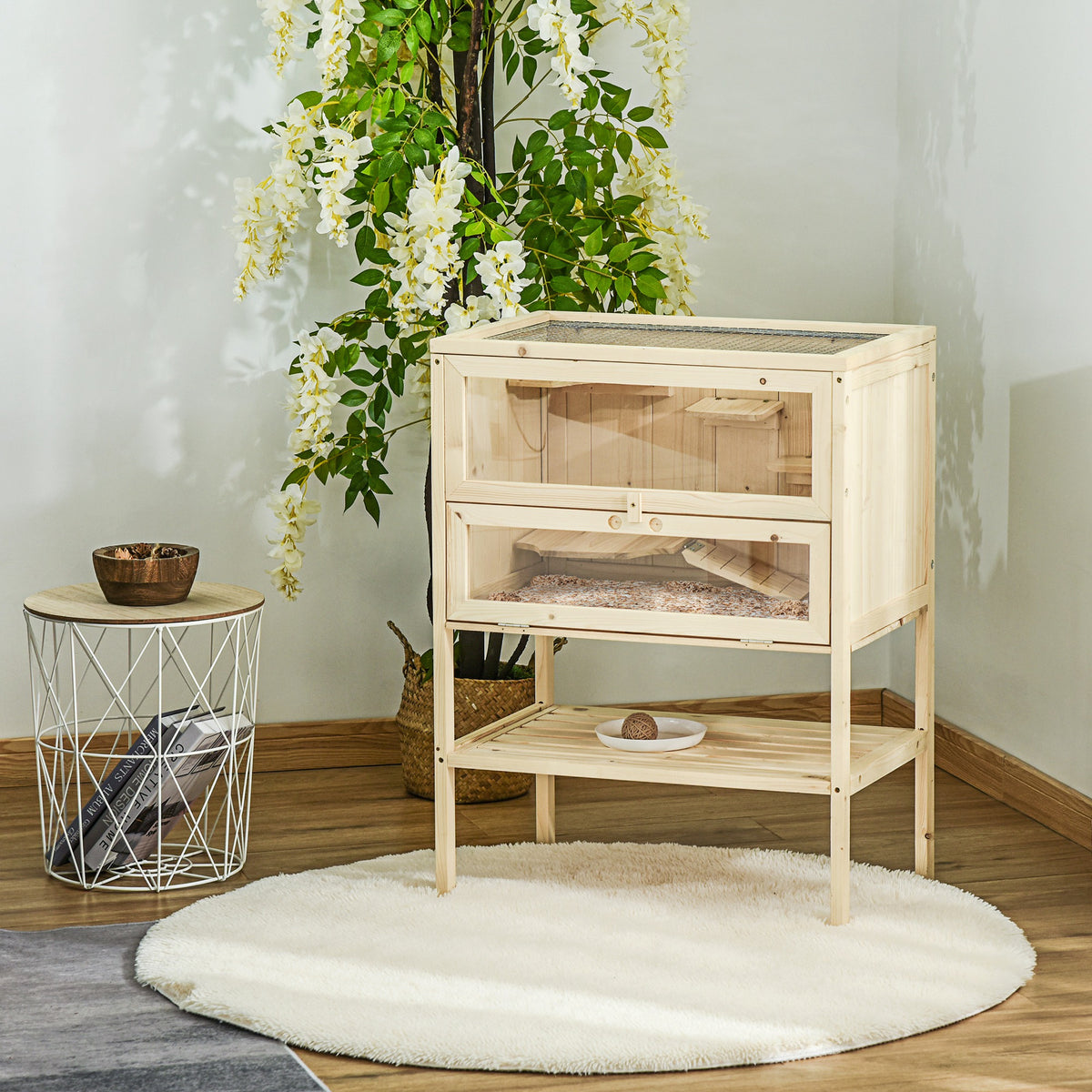 Cage Hamster en Bois à 3 Niveaux avec Plateformes, Échelles, Étagère, Fenêtre, Toit Ouvrable, 60x40x80cm, Naturel-9