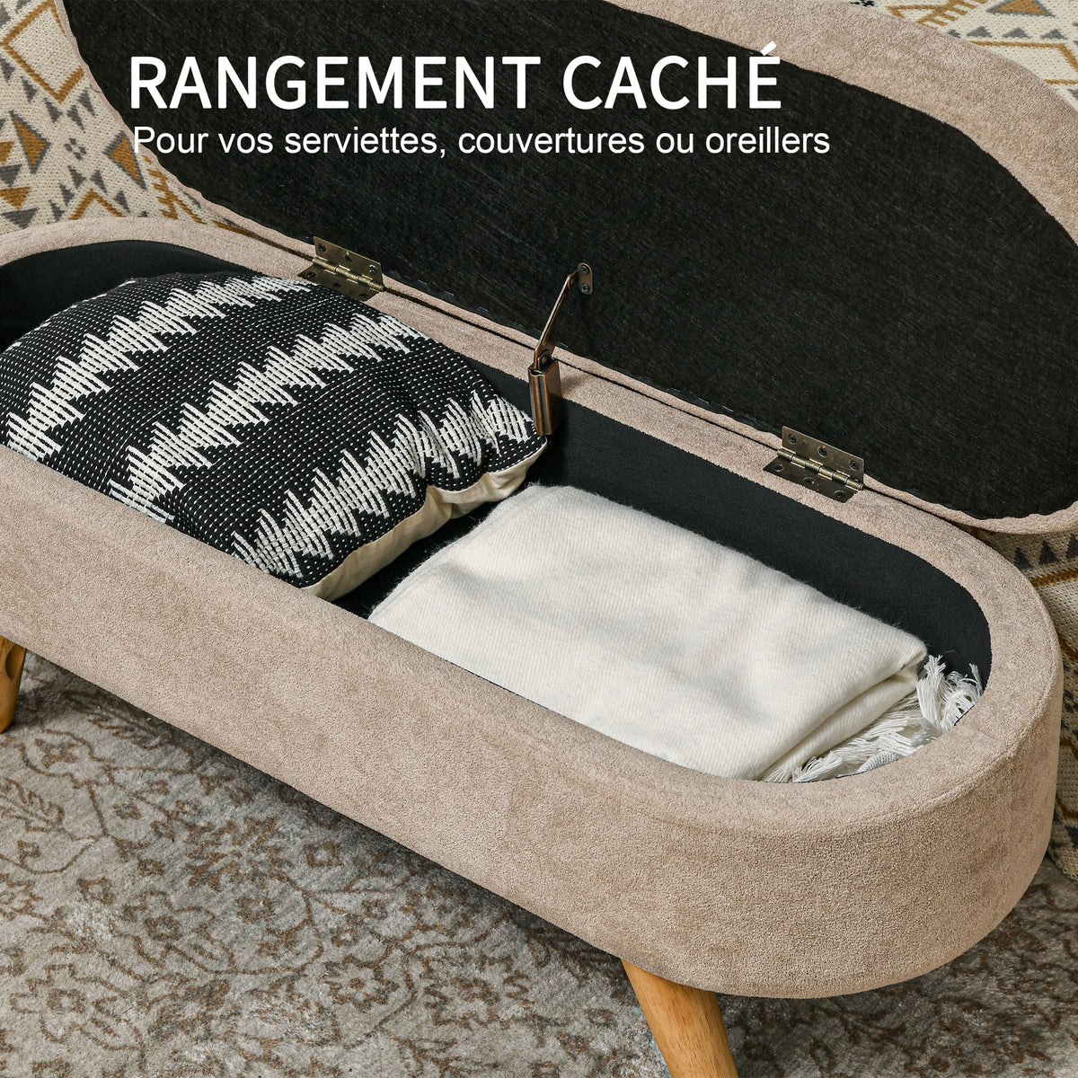 Banc banquette bout de lit coffre de rangement 2 en 1 en tissu avec pieds en bois 110l x 40P x 43H cm cm beige-3