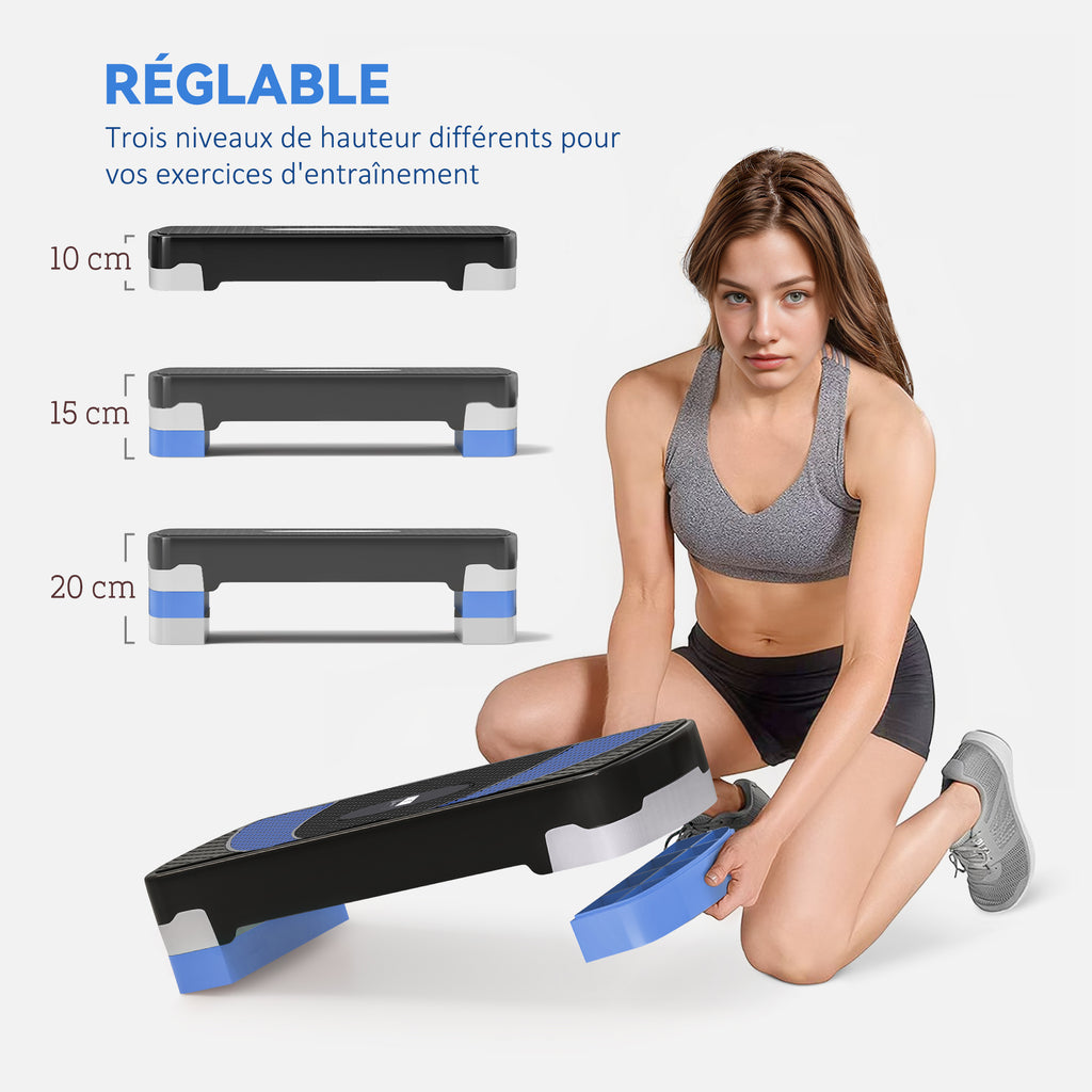 Stepper Fitness Aerobic - hauteur réglable surface antidérapante 80 x 31 x 20 cm noir bleu-3