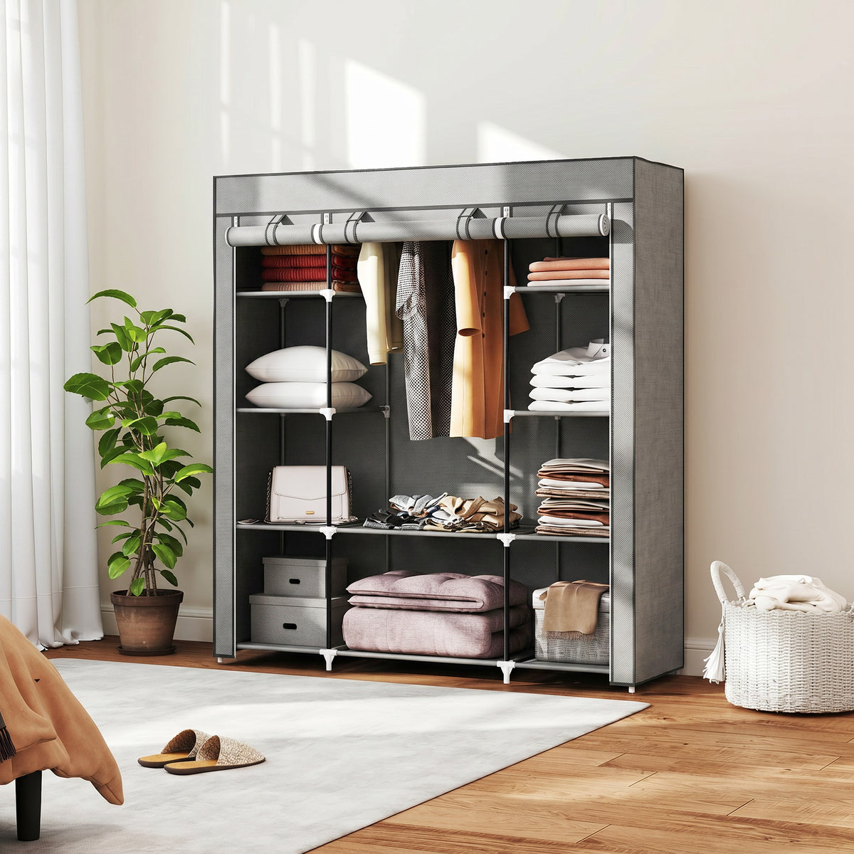 Armoire de rangement penderie en tissu pliable avec barre de suspension et étagères, 150 x 43 x 162,5 cm, gris clair-1