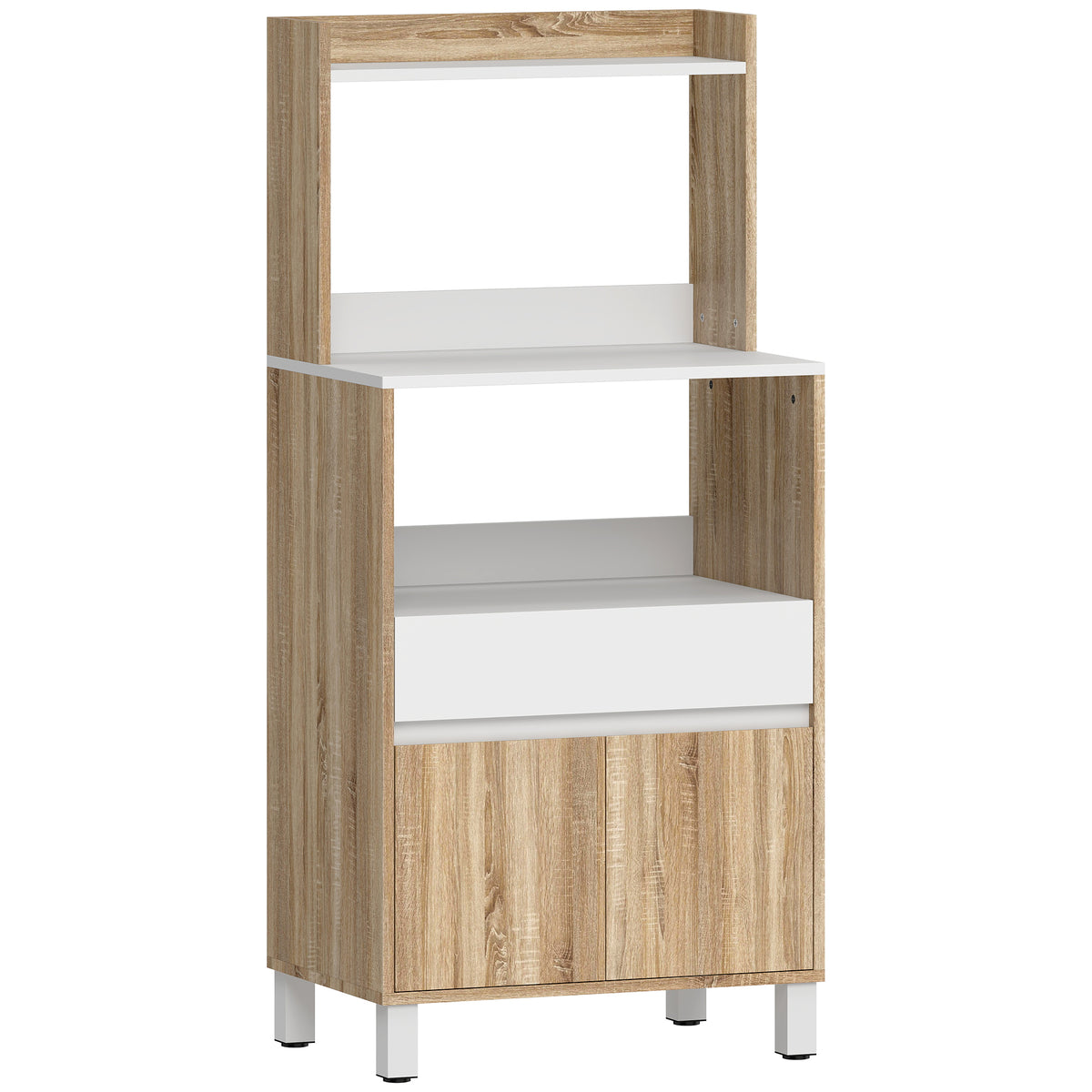 Meuble Micro-Ondes, Buffet Cuisine avec Tiroir, 2 Portes à Fermeture Douce, Plan de Travail et Étagères Ouvertes, Chêne-0