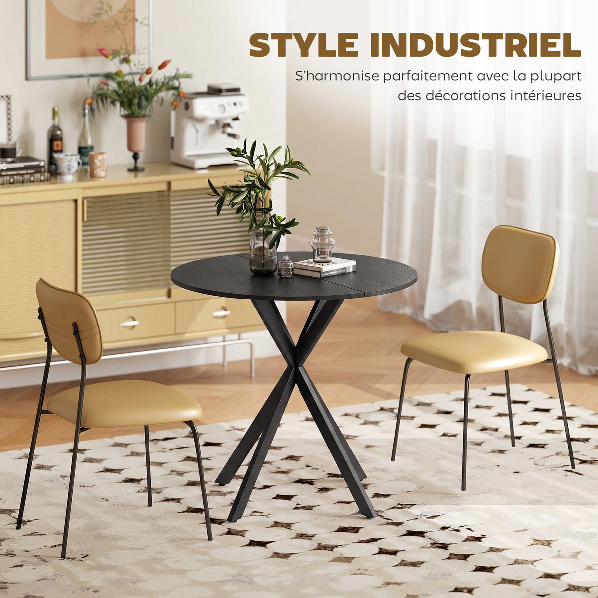 Table à Manger Ronde pour 2 Personnes avec Plateau Aspect Bois et Piètement Croisé en Acier, Noir-4