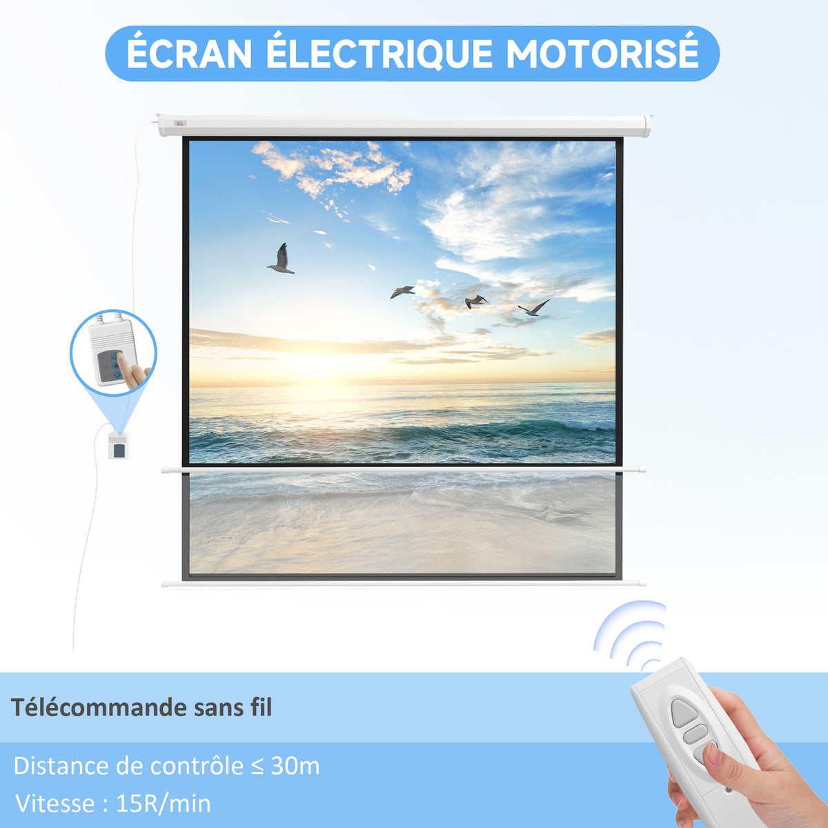 Écran de projection motorisé 96 pouces, 1:1 4K HD, fixation mural ou plafond avec télécommande, 195L x 8l x 182H cm-3