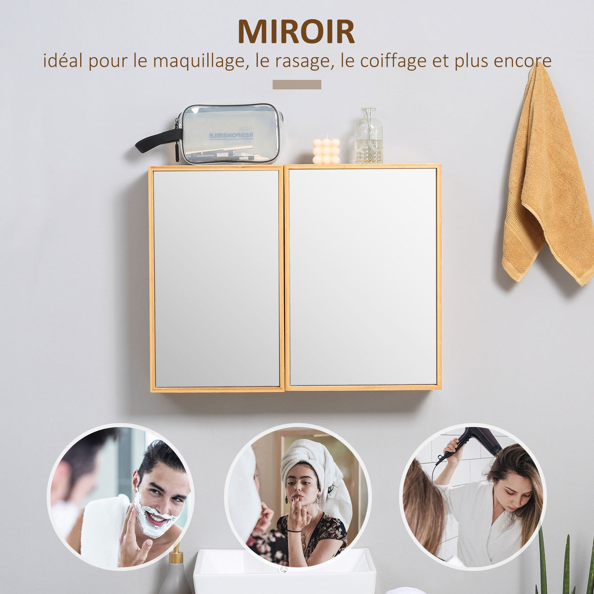 Armoire murale de salle de bain avec miroirs et 2 portes en bambou 65,2 x 14 x 50 cm-5