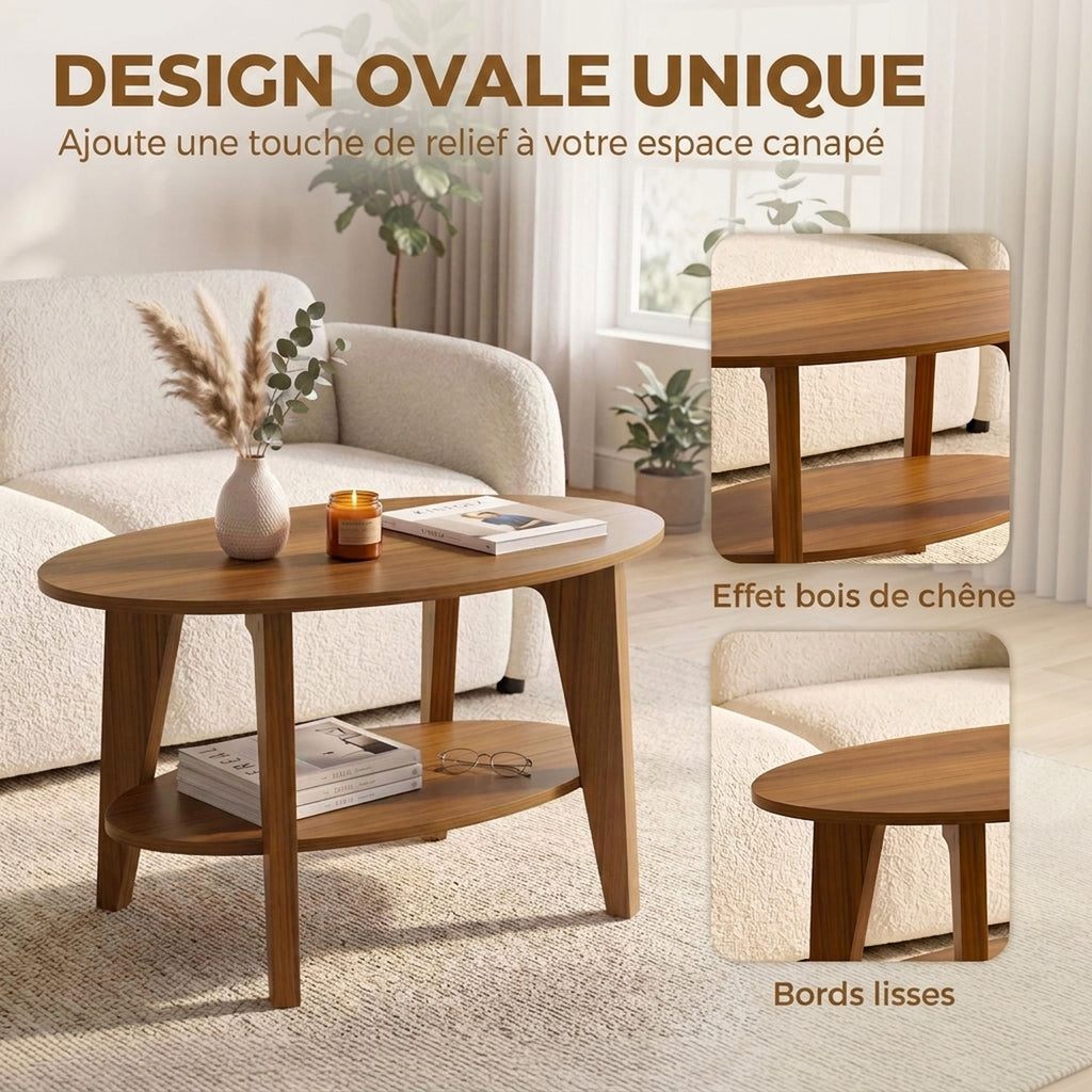 Table Basse Ovale à 2 Niveaux, Table de Salon Moderne avec Étagère Inférieure Ouverte, 80 x 50 x 45 cm, Chêne-4