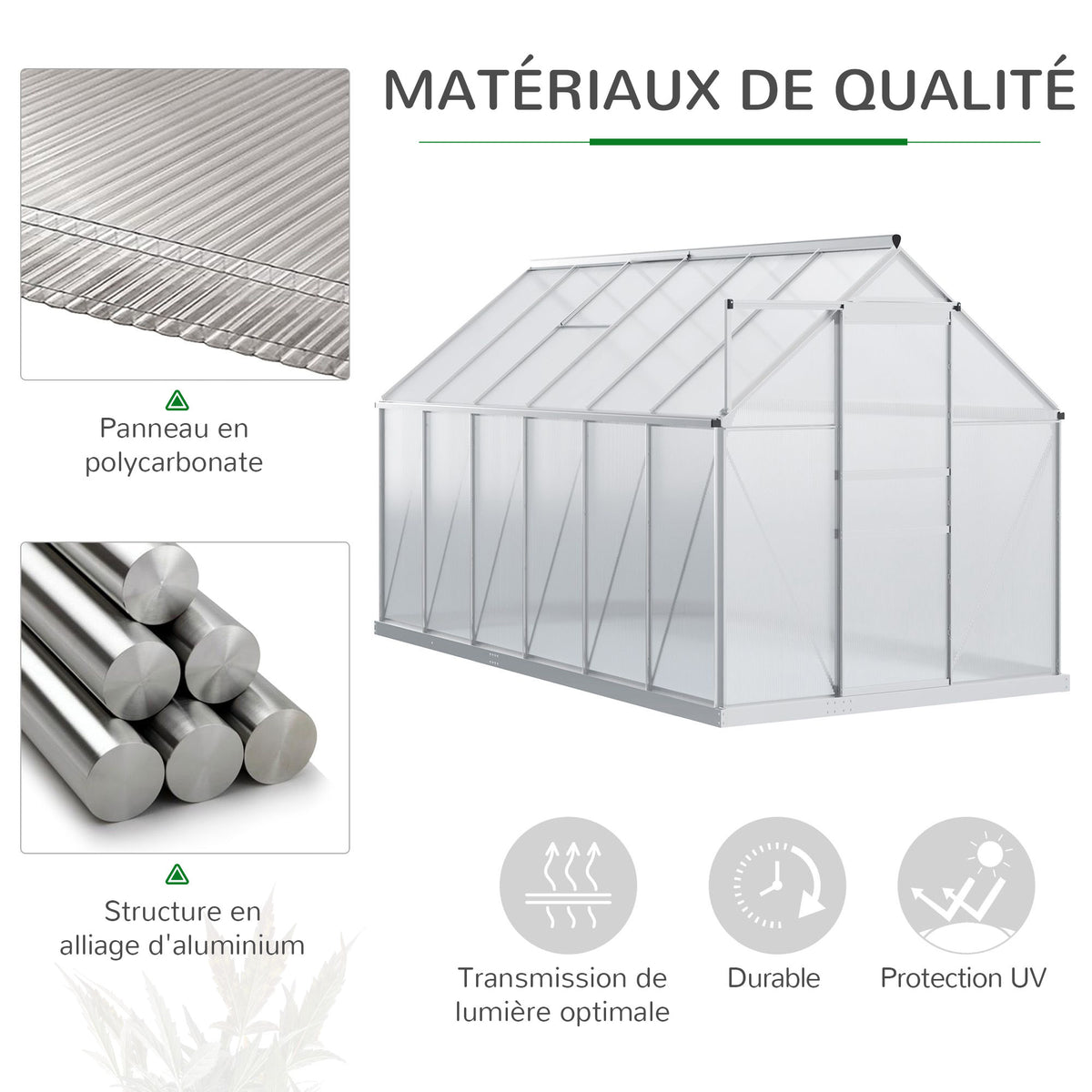 Serre de jardin 7,1 m² en aluminium polycarbonate avec fondation, 190 x 375 x 199 cm, serre avec fenêtre-3