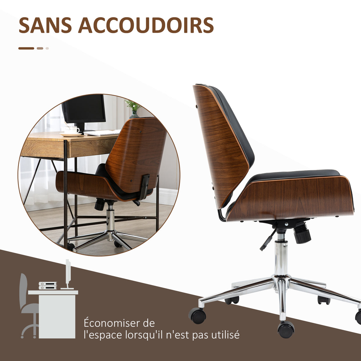 Chaise de bureau design vintage hauteur réglable pivotant 360° piètement chromé 53 x 60 x 86-96 cm gris-4