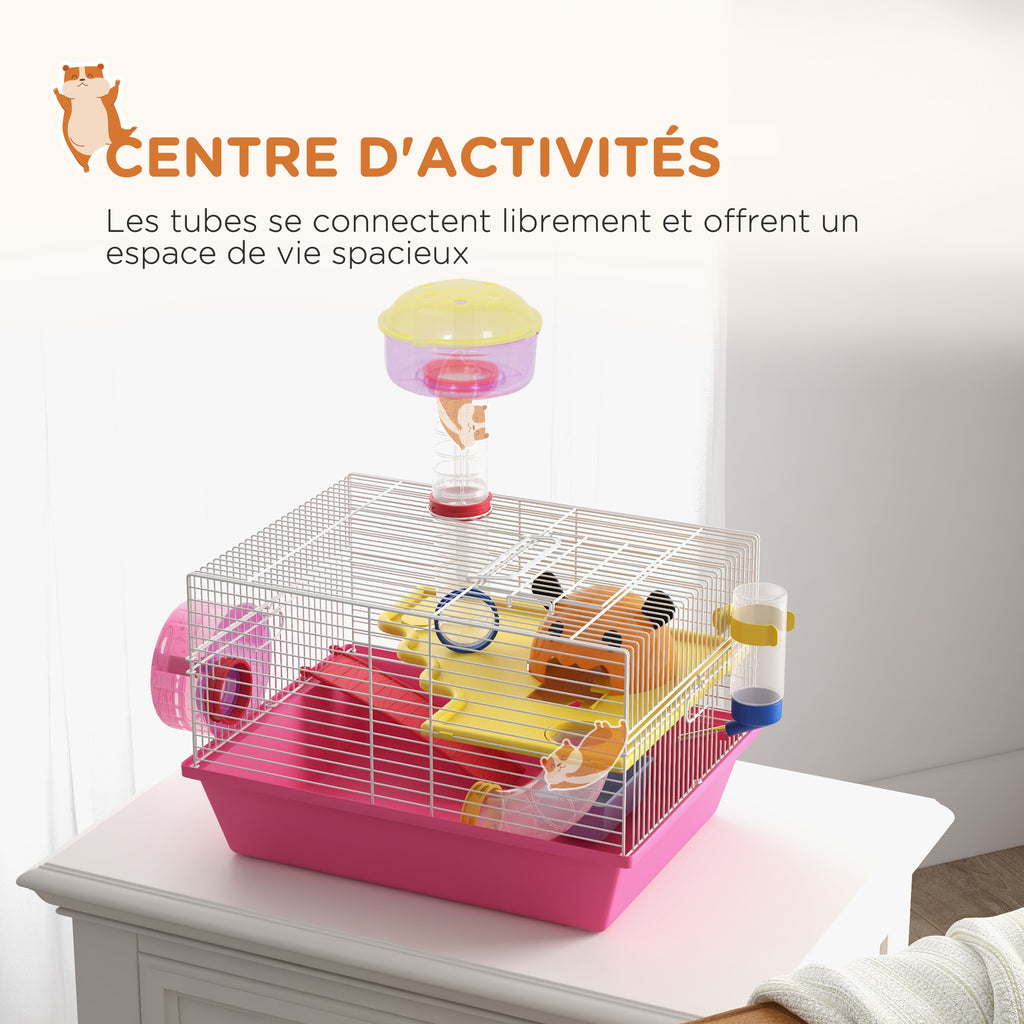 Cage à hamster rat rongeur multicolore avec plateforme, biberon eau, roue, maisonnette, 34 x 27 x 25 cm, rose-3
