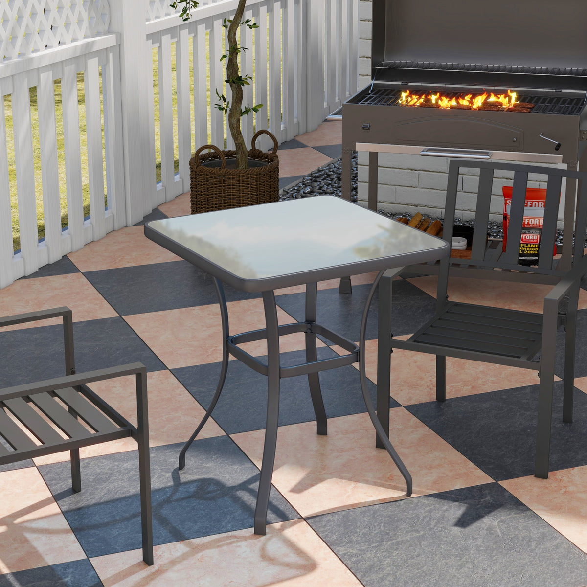 Table carrée Bistro de Jardin dim. 68L x 68l x 84H cm métal époxy Gris Plateau Verre trempé granité-1