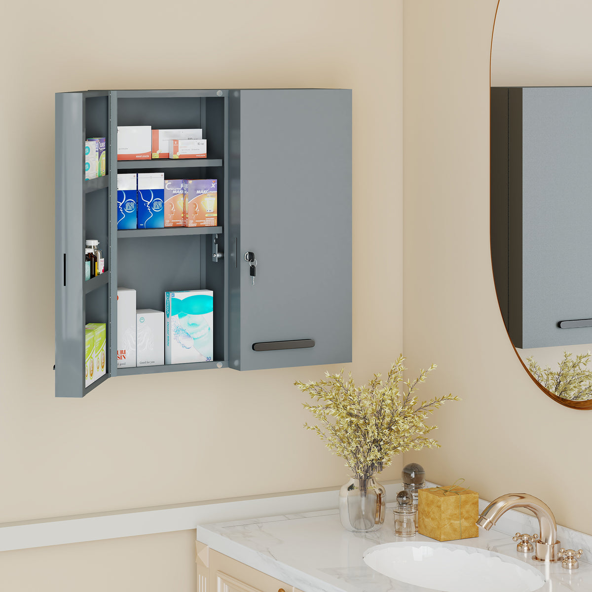 Armoire à pharmacie 6 étagères avec serrure et 2 clés de sécurité, 55x18x60 cm, gris-8