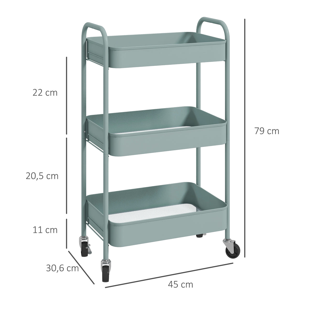 Desserte chariot de rangement en acier chariot de service à roulettes 3 plateaux ajourés 45 x 30,6 x 79 cm bleu clair-2