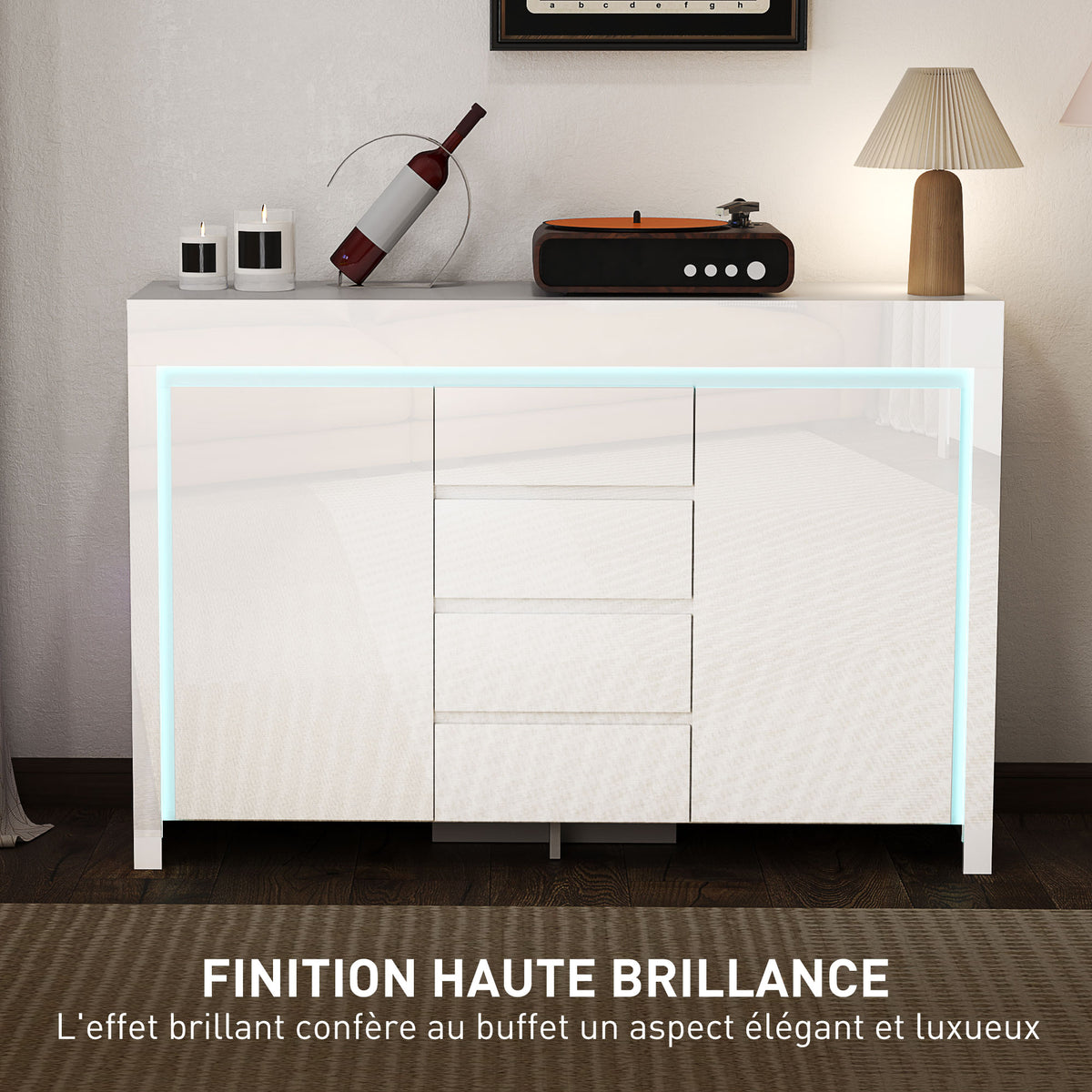 Buffet salon, meuble de rangement avec éclairage LED 4 tiroirs portes à fermeture douce 120 x 34 x 80 cm, blanc brillant-4