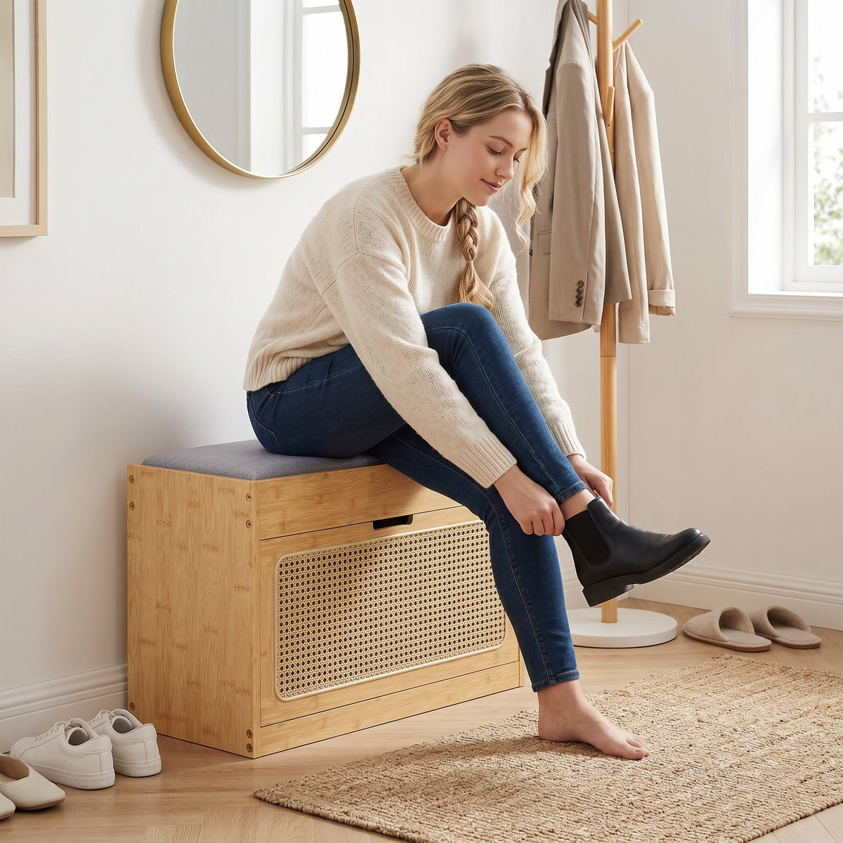 Banc chaussures entrée, banc de rangement en bambou, assise rembourrée, porte en rotin et étagère réglable, bois naturel-8