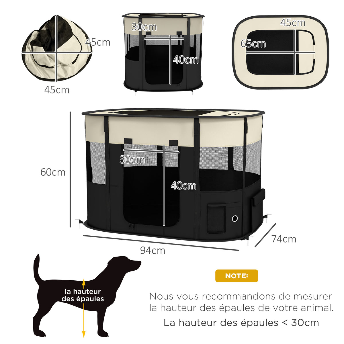 Parc enclos pliable pour chien chat petits animaux en tissu Oxford avec rangement 94 x 74 x 60 cm blanc crème et noir-2