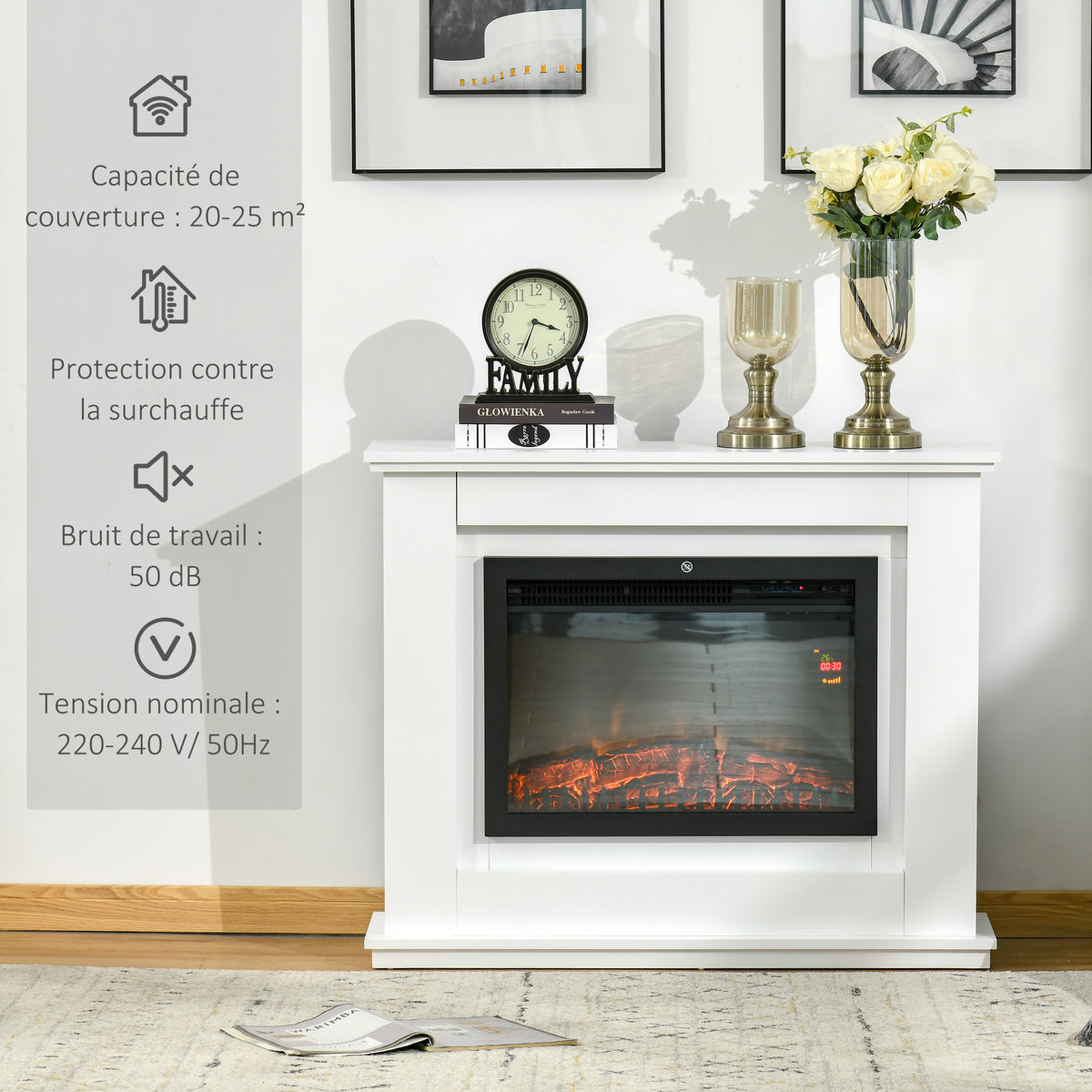 Cheminée électrique Grande Taille 2000 W Effet Flammes LED minuterie température luminosité réglables télécommande fournie Blanc-3