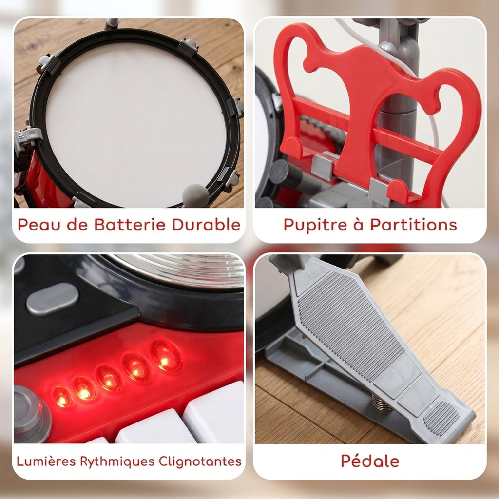 Kit de Batterie pour Enfants avec Tabouret, Clavier Électronique, Microphone, Connecté via USB, 77,5x40x76,5cm, Rouge-6