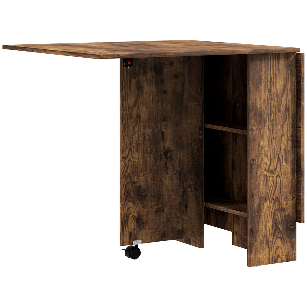 Table à Manger Pliante Mobile sur Roulettes, 2 Plateaux Rabattables, 2 Étagères Intégrées, 140x80x74cm, Brun Rustique-0