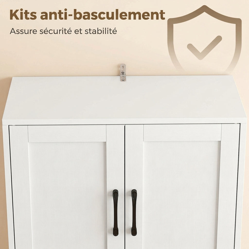 Buffet Haut Cuisine, Armoire Cuisine, 4 Portes à Fermeture Douce, Tiroir, Compartiment Ouvert, Étagères Réglables, Blanc-6