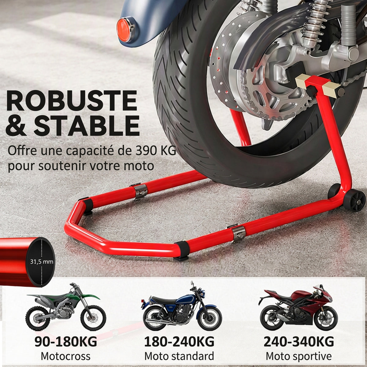 Béquille Moto, Capacité 390 kg, Support Avant et Arrière Réglable avec Fourches U+L, Clips de Serrage, 43x36x64cm, Rouge-3