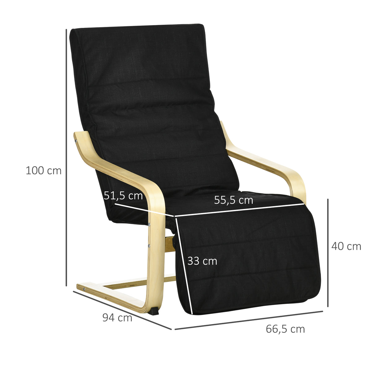 Fauteuil Relax Confort et Relaxation avec Repose-Pied réglable déhoussable 94 x 66,5 x 100 cm cm Bois Massif Noir-2