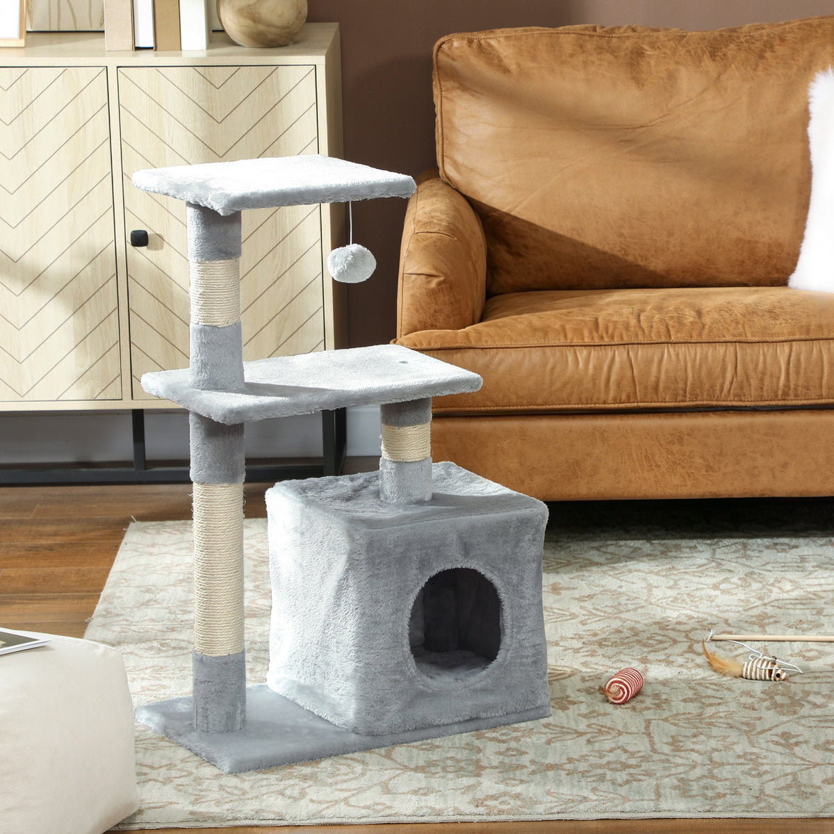 Arbre à chat tour de jeux pour chats poteaux en sisal, 2 plate-forme, niche, balle, tissu peluche, 50x30x81,5cm, gris-1