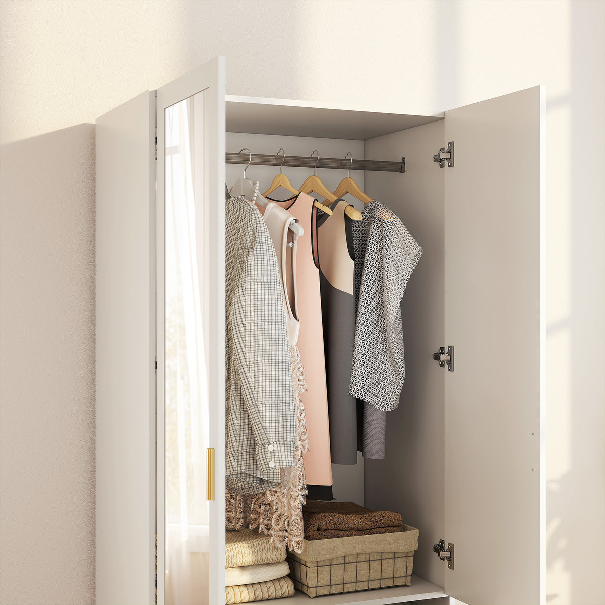 Armoire chambre penderie avec miroir, 2 portes, 2 tiroirs et barre de suspension, 80 x 50 x 180 cm, blanc-8
