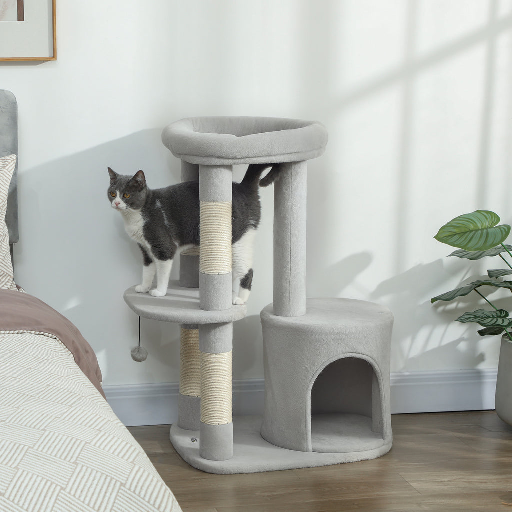 Arbre à chat tour de jeux pour chats griffoirs, plate-forme, niche, balle, tissu peluche, 60 x 45 x 90 cm, gris clair-1