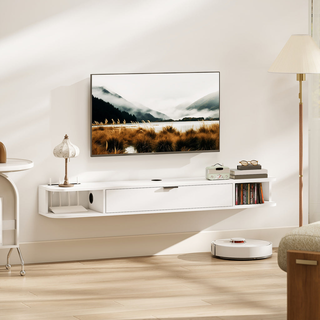 Meuble TV Suspendu, Meuble Télé pour Téléviseur jusqu'à 60 Pouces, Tiroir Rabattable, 2 Étagères, 140x24x16cm, Blanc-9