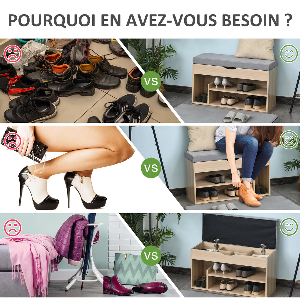 Meuble Chaussures Banc à Chaussures 2 Niveaux Rangement, Niche + Coffre intégré avec Coussin Beige Gris-6