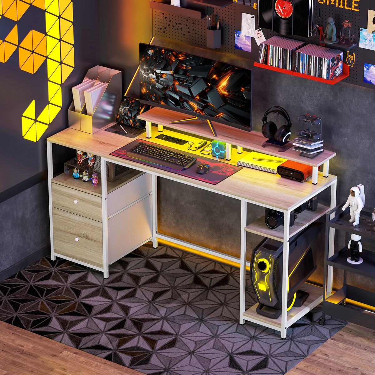 Bureau d'ordinateur bureau lumières LED réglables 2 prises ports USB tiroirs étagères 155,5x48x88,5cm effet bois naturel-1