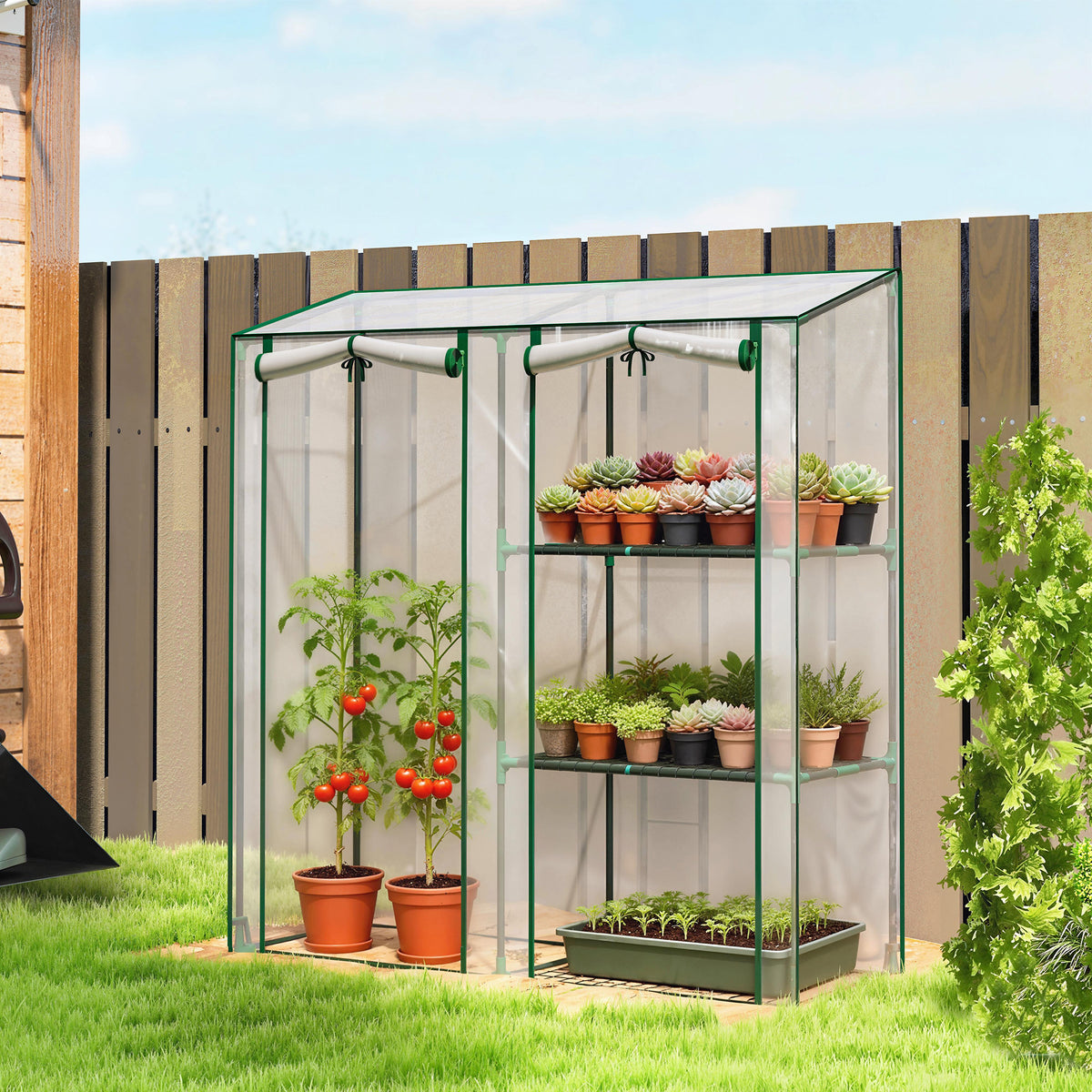 Serre de Jardin avec étagères 3 niveaux, Petite Serre en Bâche PVC et Châssis Acier, 2 Portes Roulantes, Transparent-1