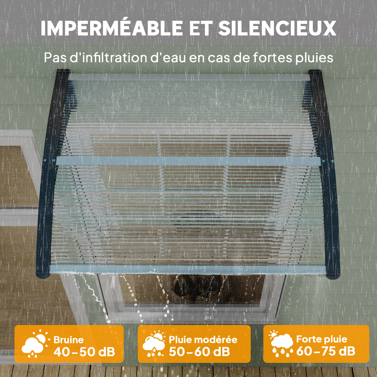 Auvent de porte d'entrée, toit marquise de porte exterieur en polycarbonate et profil aluminium résistante toit abri protection contre la pluie et UV pour terrasse, balcon, 100x75cm, transp.-4