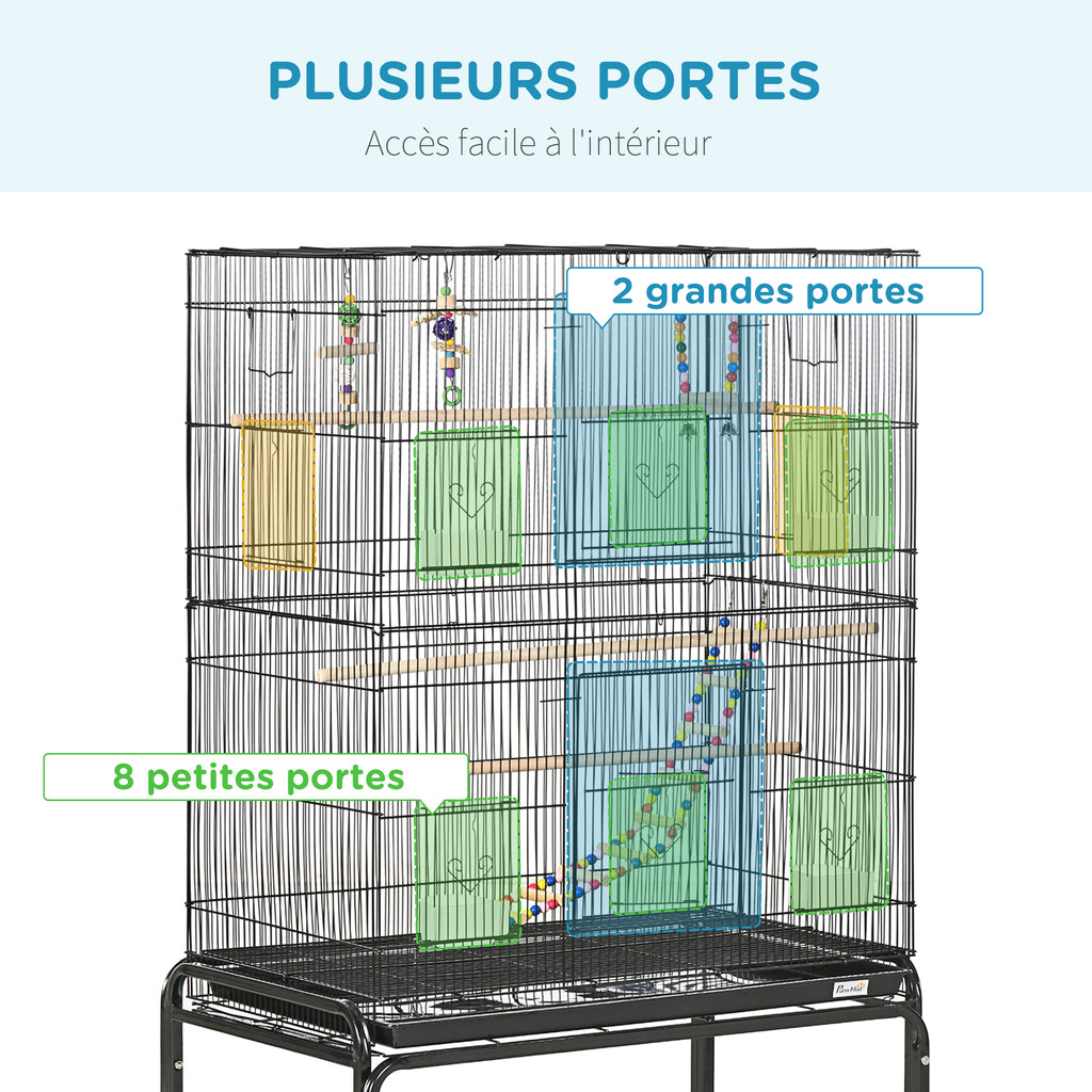 Cage à oiseaux sur pieds roulettes avec 4 mangeoires et 3 perchoirs 79 x 49 x 133 cm noir-3