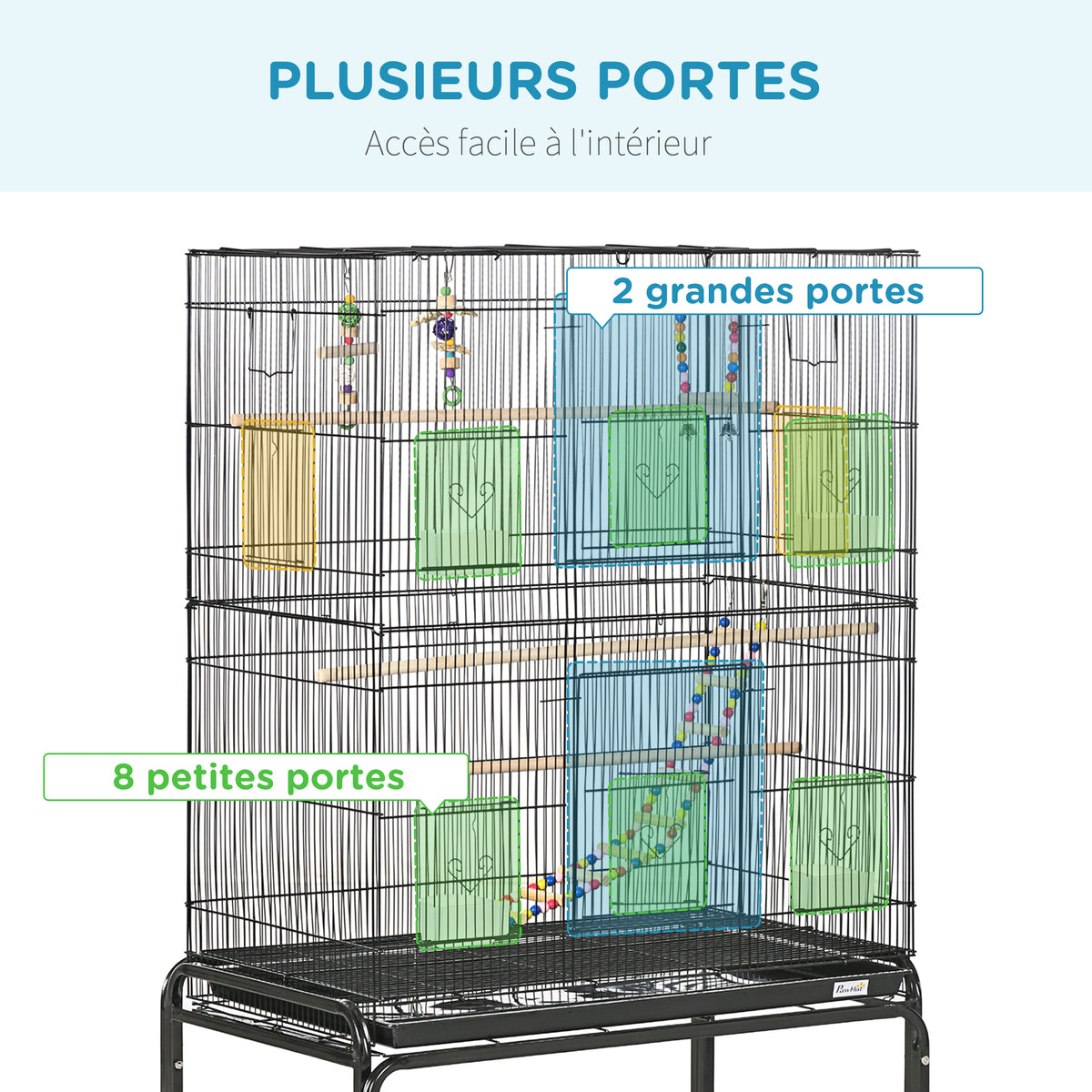 Cage à oiseaux sur pieds roulettes avec 4 mangeoires et 3 perchoirs 79 x 49 x 133 cm noir-3